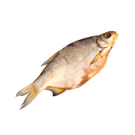 Dried fish to beer isolated on white backgroundの写真素材