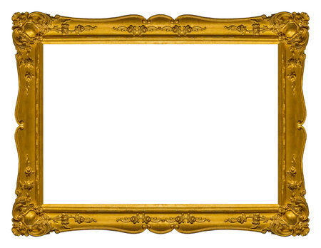 Golden frame for paintings, mirrors or photo isolated on white background.