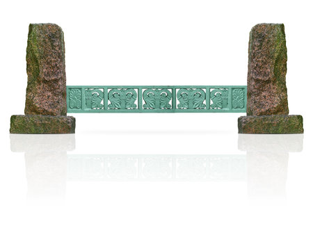 Forged metal and granite fence isolated on white backgroundの写真素材