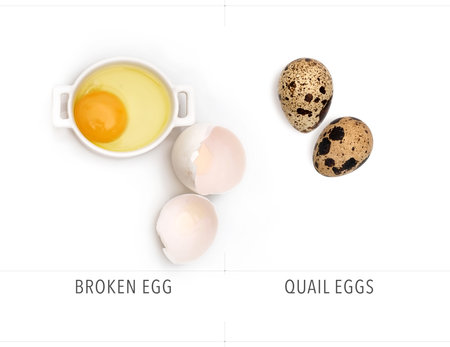Broken egg and quail eggs isolated on white backgroundの写真素材