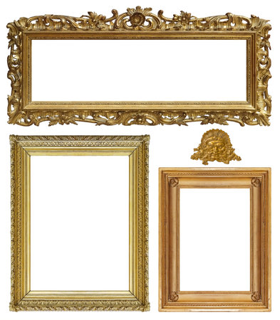 Set of golden frames for paintings, mirrors or photo isolated on white background