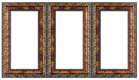 Triple golden frame (triptych) for paintings, mirrors or photos isolated on white background.の写真素材