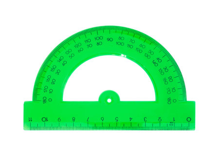 Green protractor for measuring angle isolated on white background.の写真素材