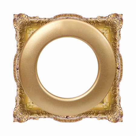 Golden round frame for paintings, mirrors or photo isolated on white backgroundの写真素材