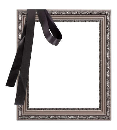 Silver frame with black mourning ribbon for paintings, mirrors or photo isolated on white background.の写真素材