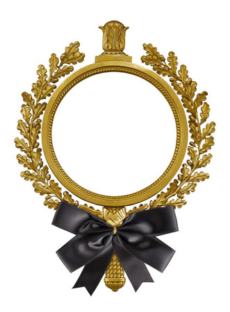 Golden frame with black mourning bow for paintings, mirrors or photo isolated on white background.