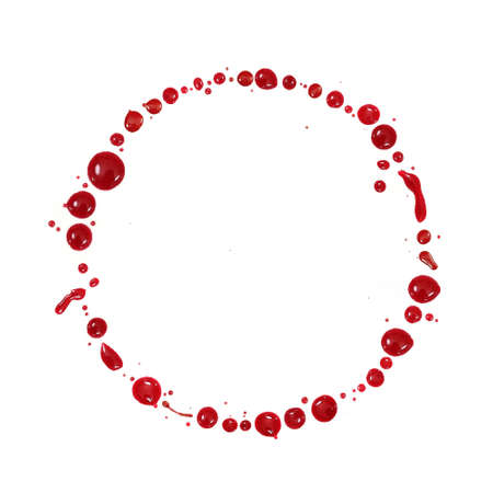 Round frame mockup: Drops of red liquid (blood, nail polish, ketchup, dressing) isolated on white backgroundの写真素材