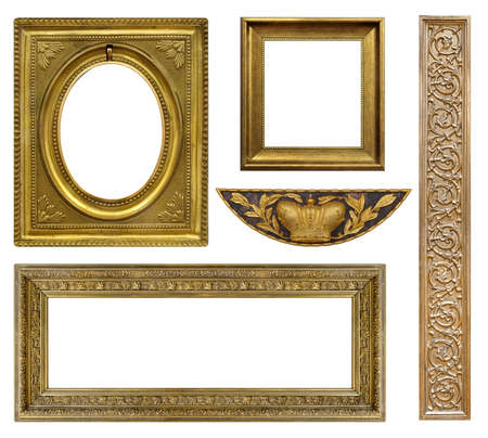 Set of golden frames for paintings, mirrors or photo isolated on white backgroundの写真素材