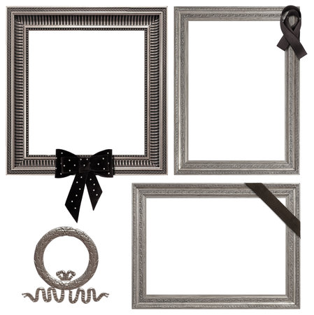 Set of frames with black mourning ribbon for paintings, mirrors or photo isolated on white...