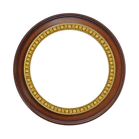 Wooden round frame for paintings, mirrors or photo isolated on white backgroundの写真素材