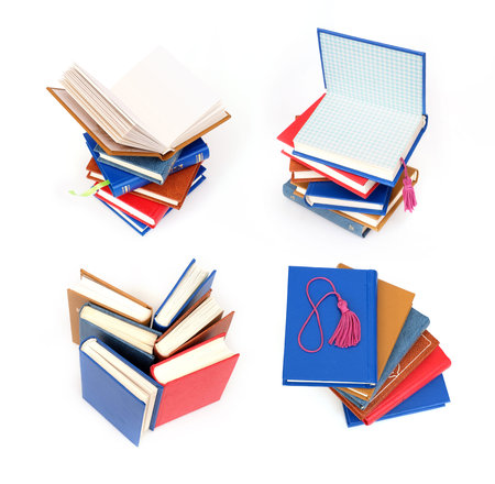 Stack of books in color covers with white sheets isolated on a white background