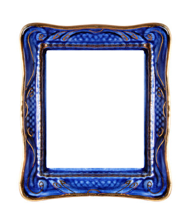 Blue porcelain frame for paintings, mirrors or photo isolated on white background.