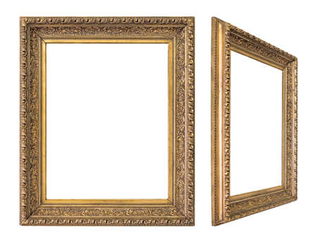 Golden frame for paintings, mirrors or photo in frontal and perspective view isolated on white backgroundの写真素材