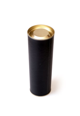 Black round gift box isolated on white backgroundの写真素材