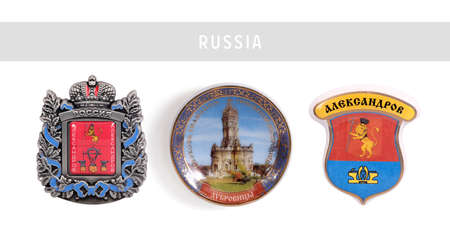 Souvenir (magnet) from Russia isolated on white background. Russian inscription does the city name "Alexandrov", "Russia", "Church of the Sign of the Blessed Virgin Mary in Dubrovitsy"の写真素材