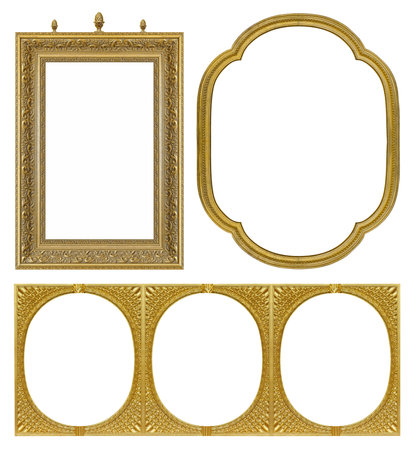 Set of golden frames for paintings, mirrors or photo isolated on white background