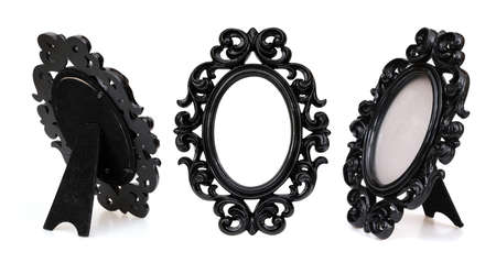 Wooden oval frame for paintings, mirrors or photo in frontal and perspective view isolated on white backgroundの写真素材