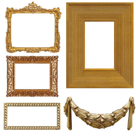 Set of golden frames for paintings, mirrors or photo isolated on white backgroundの写真素材