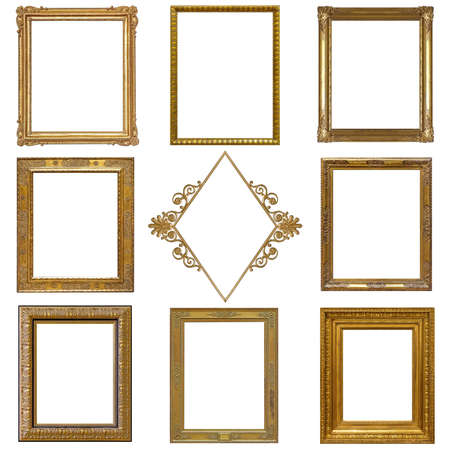 Set of golden frames for paintings, mirrors or photo isolated on white backgroundの写真素材