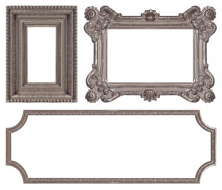 Set of silver frames for paintings, mirrors or photo isolated on white background