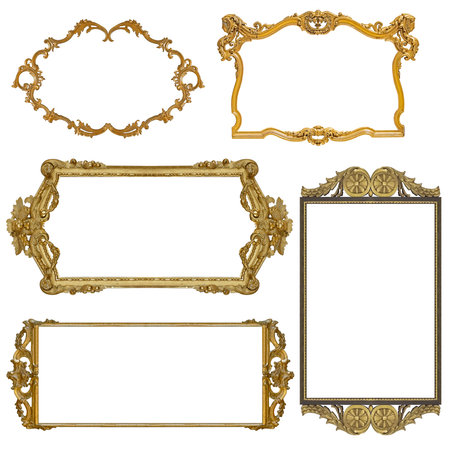 Set of golden frames for paintings, mirrors or photo isolated on white background