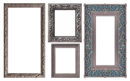 Set of silver frames for paintings, mirrors or photo isolated on white background