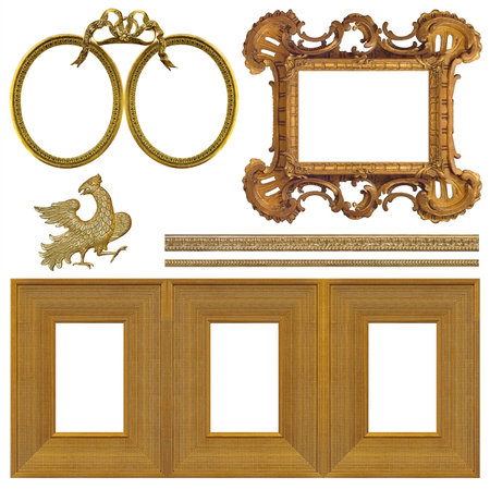 Set of golden frames for paintings, mirrors or photo isolated on white background