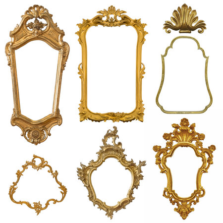 Set of golden frames for paintings, mirrors or photo isolated on white background