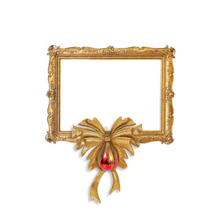 Golden frame with Christmas decor isolated on a white backgroundの写真素材