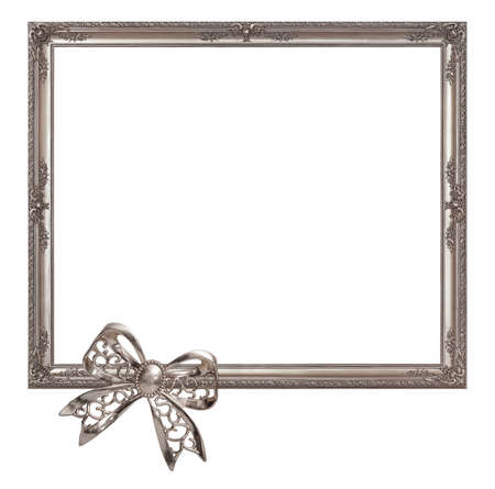 Silver frame with Christmas decor isolated on a white backgroundの写真素材