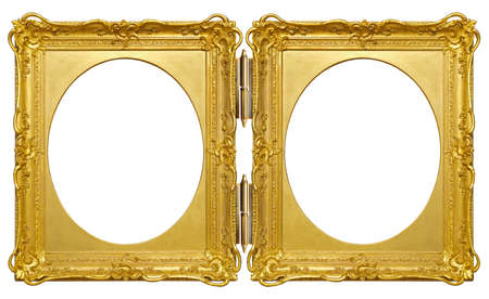 Double golden frame (diptych) for paintings, mirrors or photos isolated on white backgroundの写真素材