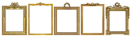 Set of golden frames for paintings, mirrors or photo isolated on white backgroundの写真素材