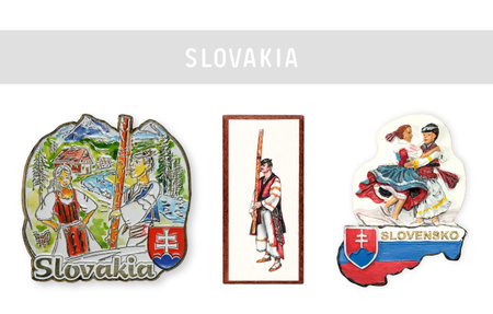 Souvenirs (magnets) from Slovakia isolated on white background. The text on the magnet means in English "Slovakia"の写真素材