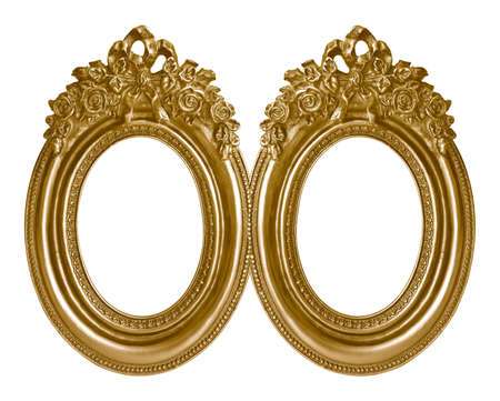 Double oval golden frame (diptych) for paintings, mirrors or photos isolated on white background.の写真素材