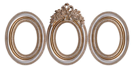 Triple silver oval frame (triptych) for paintings, mirrors or photos isolated on white background. Design element with clipping pathの写真素材