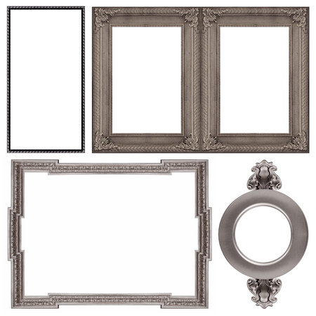 Set of silver frames for paintings, mirrors or photo isolated on white background