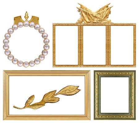 Set of golden frames for paintings, mirrors or photo isolated on white backgroundの写真素材