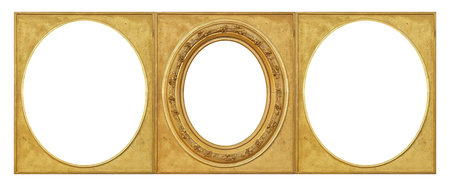 Triple golden frame (triptych) for paintings, mirrors or photos isolated on white backgroundの写真素材