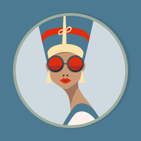 Ironic portrait Head of Egyptian Pharaoh woman wearing modern sunglasses
