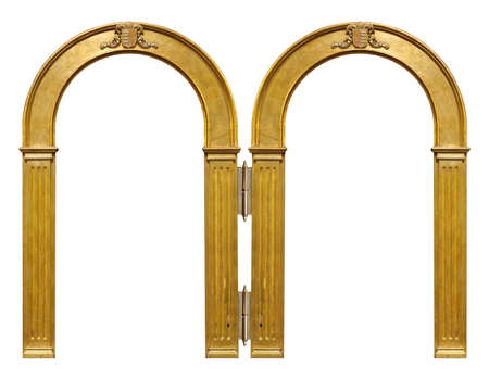 Double golden frame (diptych) for paintings, mirrors or photos isolated on white backgroundの写真素材