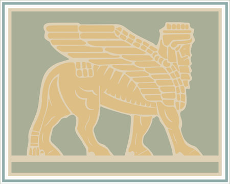 Vector decorative element Winged bull-man from Sumerian mythology in Assyrian styleのイラスト素材