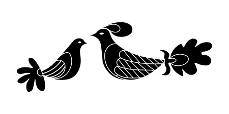 Vector black and white cartouche (composition) with birds in traditional folk style. Isolated on white backgroundのイラスト素材