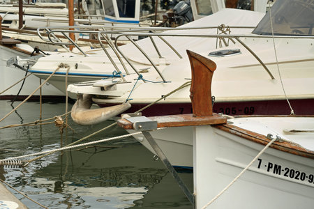 Bows (watercraft) of white yachts on the water in the summer in the yacht club. isolated view