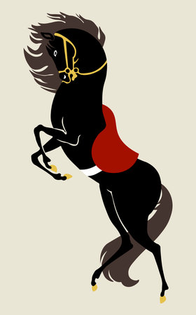 Vector drawing: a black horse under a saddle reared upのイラスト素材