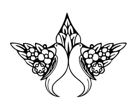 Vector black and white floral cartouche (composition) with two birds. isolated on white backgroundのイラスト素材