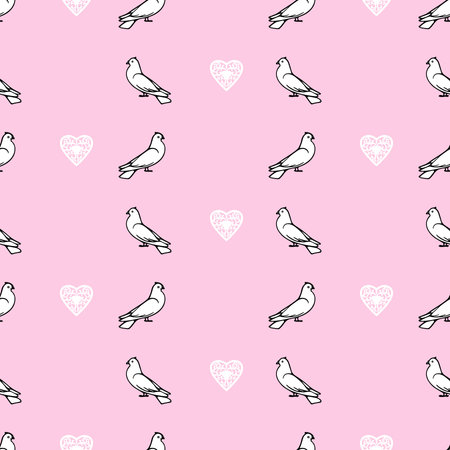 Vector wedding seamless background with doves and heartsのイラスト素材