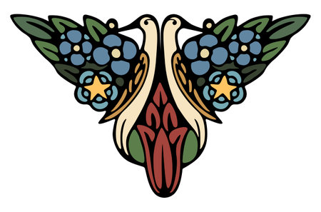 Vector color cartouche (composition) with flowers and two birds. isolated on white backgroundのイラスト素材