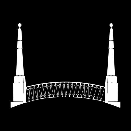Cast iron bridge with lanterns in a European city at night. Vector black and white drawingのイラスト素材