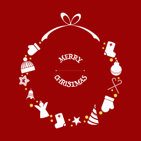 Christmas wreath with symbols of winter on a red backgroundのイラスト素材