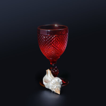 Christmas still life: Shell and red crystal glass isolated on a black backgroundの写真素材